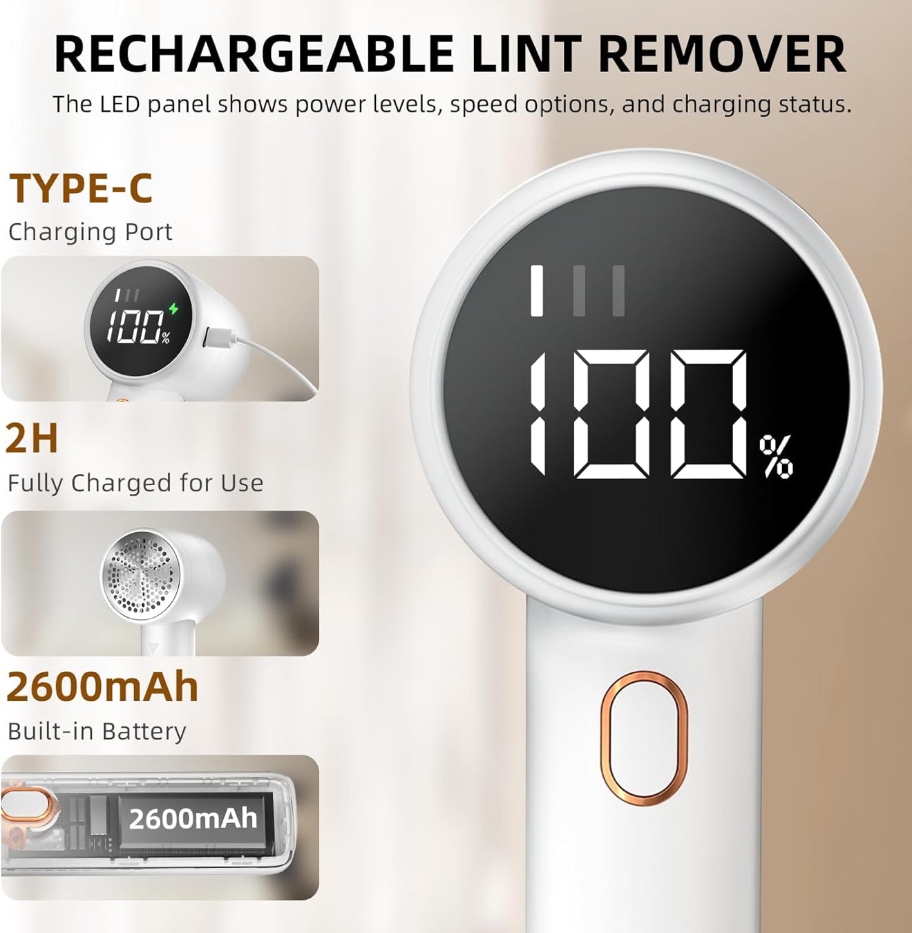 Rechargeable Fabric Shaver & Lint Remover - Electric Portable Sweater Defuzzer with 3 Speeds, 6 Leaf Blades, and LED Display for Effortless Pilling Removal from Clothes, Furniture, and Blankets