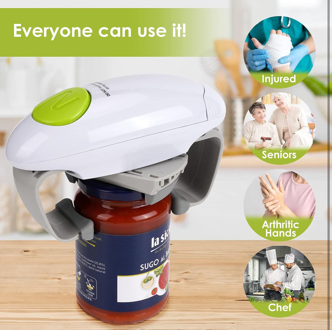 EFFORTLESS HANDS-FREE ELECTRIC JAR & BOTTLE OPENER - PERFECT FOR SENIORS & ARTHRITIS RELIEF!