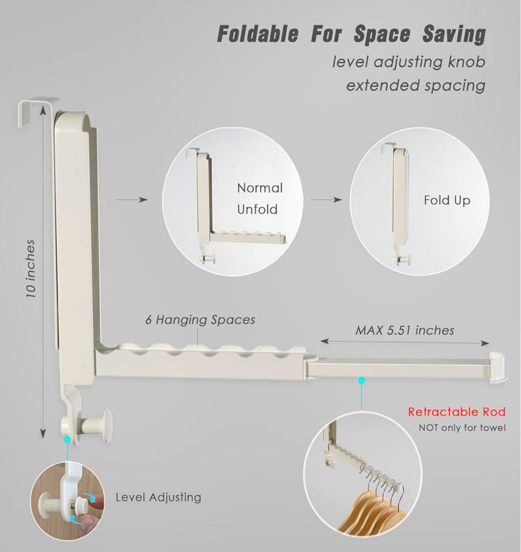 VERSATILE OVER-THE-DOOR DRYING RACK - ADJUSTABLE BRACKETS FOR ANY DOOR THICKNESS - STURDY ALL-METAL FOLDABLE CLOTHES RAILS IN IVORY WHITE