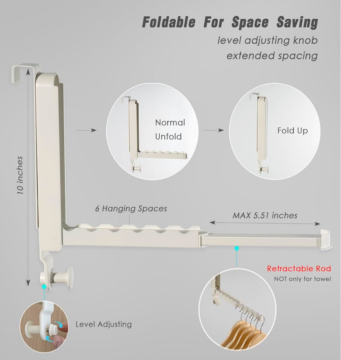 VERSATILE OVER-THE-DOOR DRYING RACK - ADJUSTABLE BRACKETS FOR ANY DOOR THICKNESS - STURDY ALL-METAL FOLDABLE CLOTHES RAILS IN IVORY WHITE